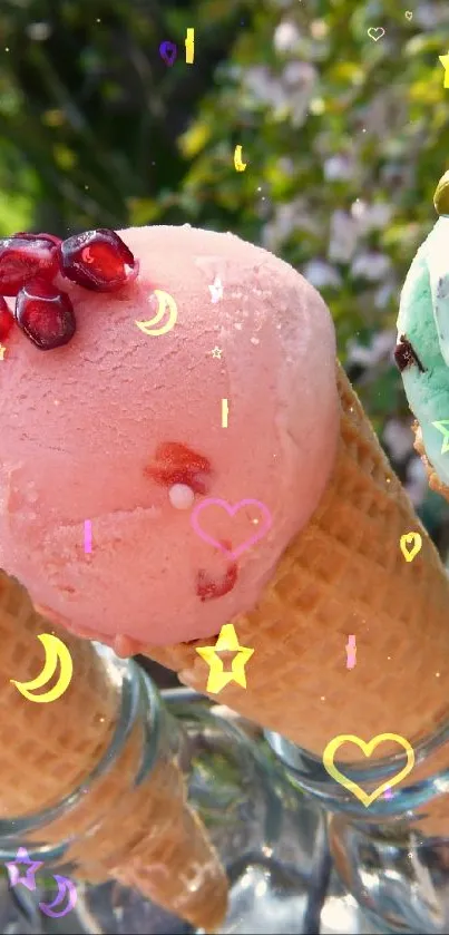 Three colorful ice cream cones with fruit toppings.