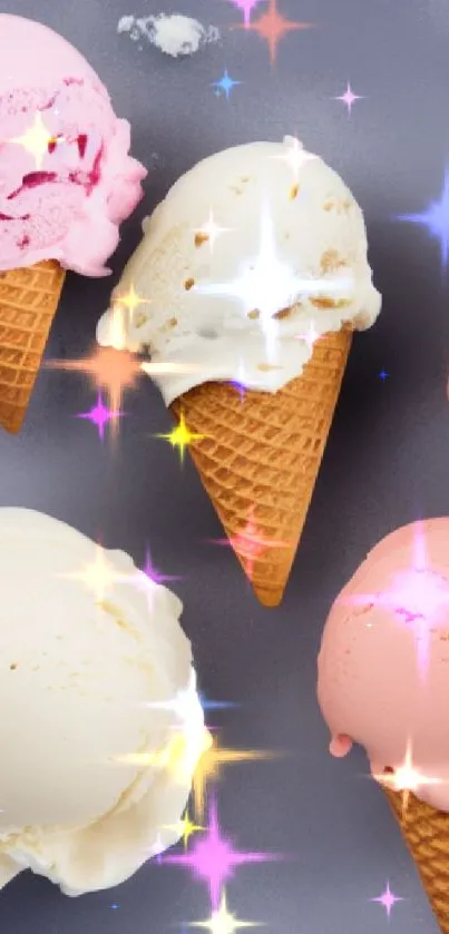 Vibrant ice cream cones on lavender gray background.