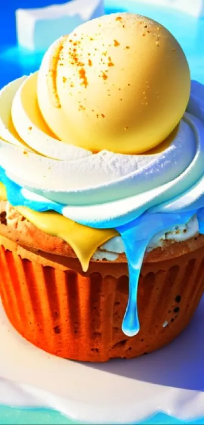 Vibrant ice cream cupcake on icy blue background with colorful toppings.