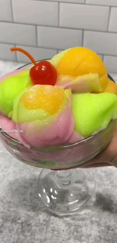 Colorful ice cream topped with a cherry in a glass dish.