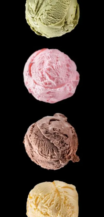 Four colorful ice cream scoops on a black background phone wallpaper.