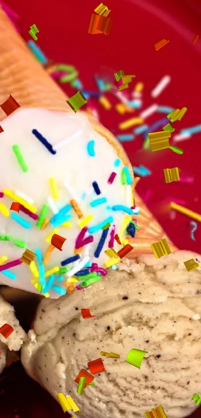 Colorful ice cream cones with sprinkles on a red background.