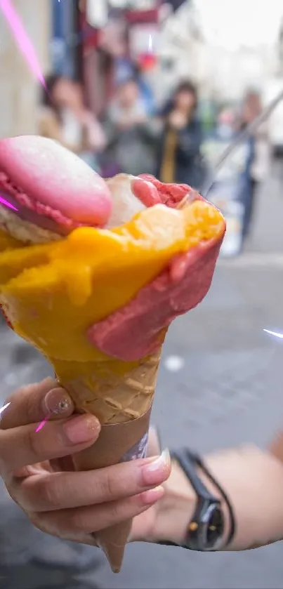 Hand holds vibrant ice cream cone with macarons.