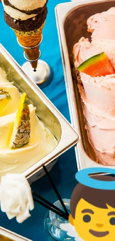 Colorful ice cream scoops with a playful emoji on a blue background.