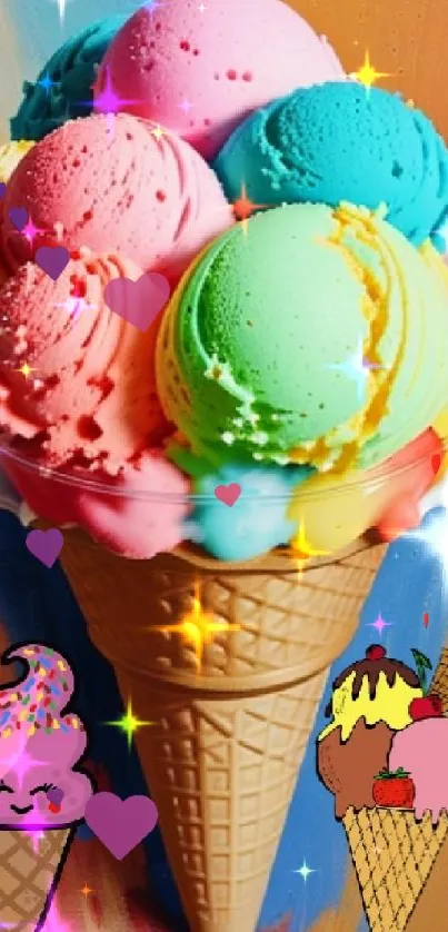 Colorful ice cream cone on textured background.