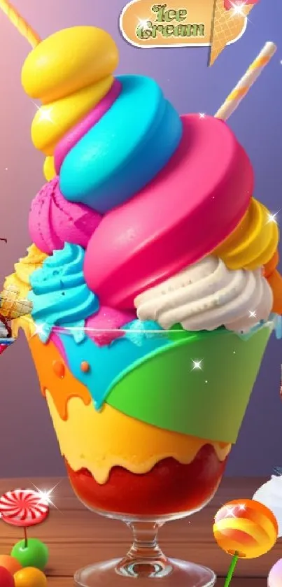 Colorful ice cream art with vibrant swirls in a sundae glass.