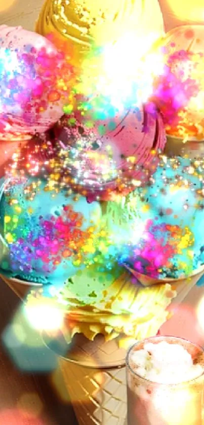 Vibrant ice cream wallpaper with colorful scoops and sparkles.