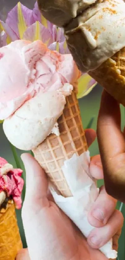 Hands holding colorful ice cream cones on floral background.