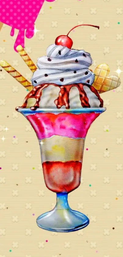 Vibrant ice cream sundae mobile wallpaper with a cherry and wafer sticks.