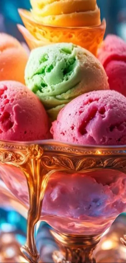 Vibrant ice cream scoops in a glass dish