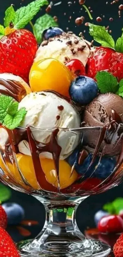 A vibrant ice cream sundae with fresh fruits in a glass bowl.