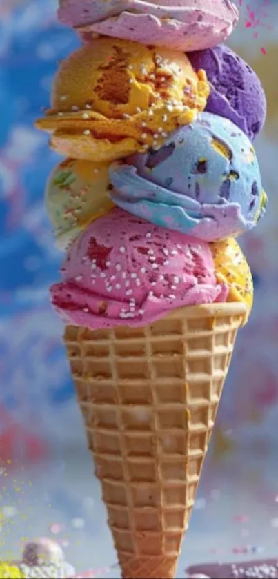 Colorful ice cream cone with multiple scoops.