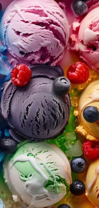 Colorful ice cream scoops topped with berries.