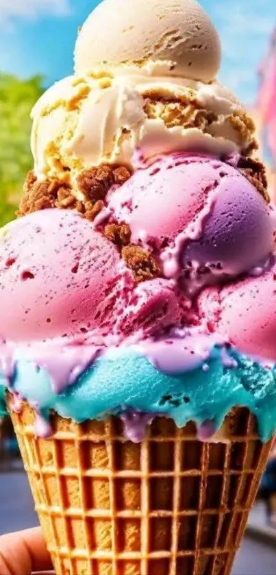 Vibrant ice cream cone with colorful scoops outdoors.