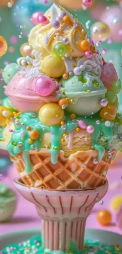 A vibrant and colorful ice cream cone with pastel shades.