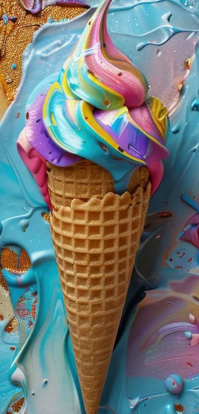 Colorful ice cream cone on blue background.