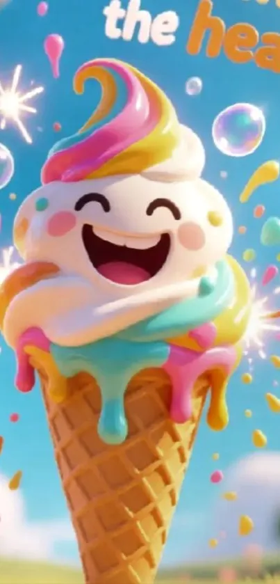 Colorful cartoon ice cream cone with rainbow swirls.