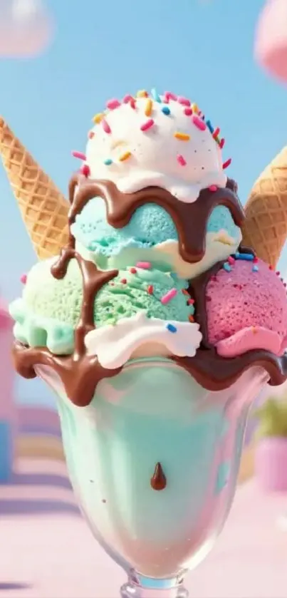 Vibrant ice cream sundae with sprinkles and cones on a sunny day.
