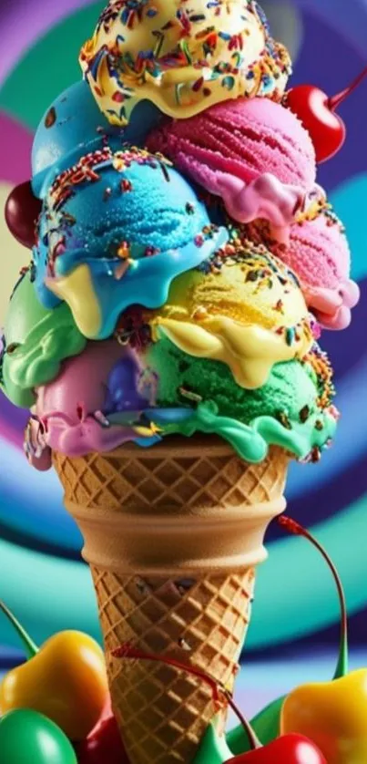 Colorful ice cream cone with rainbow scoops and sprinkles.