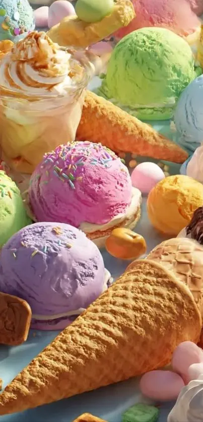 A vibrant array of colorful ice cream cones and scoops with sprinkles.
