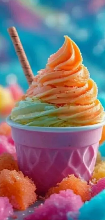 Vibrantly colored ice cream in a pink cup with candy.