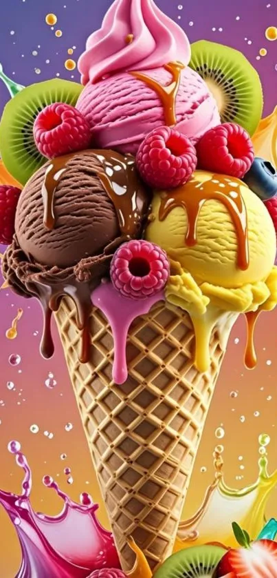 Vibrant ice cream cone with fruits and colorful background.