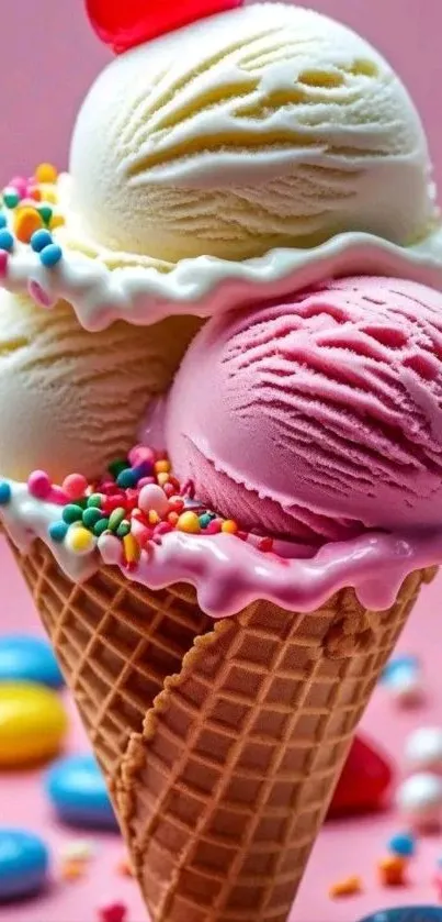 Colorful ice cream cone with sprinkles on a pink background.