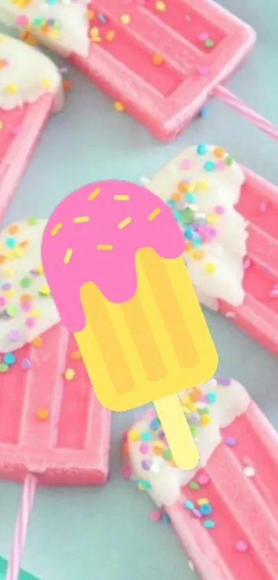 Mobile wallpaper with pink popsicles and ice cream graphic.