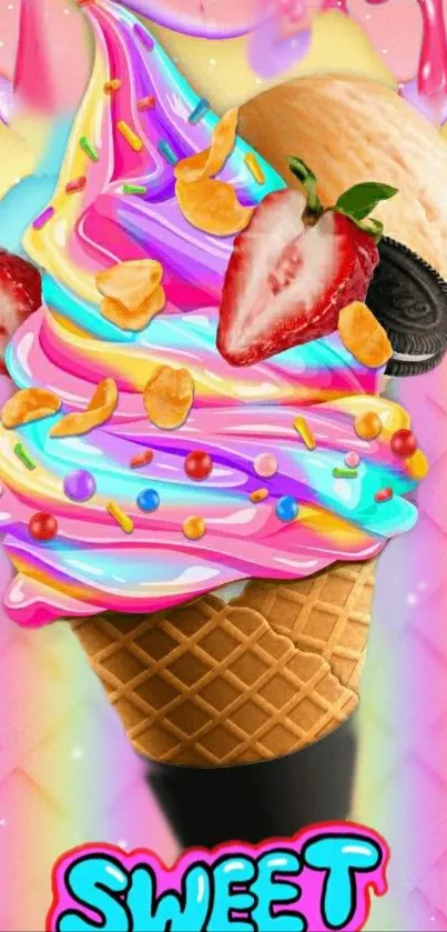 Colorful ice cream cone wallpaper with strawberries and candy toppings.