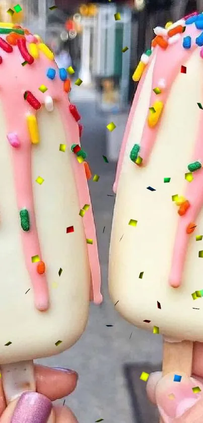 Two colorful ice creams with pink drips and sprinkles on sticks.