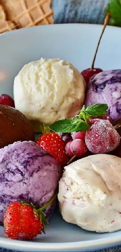 Vibrant ice cream scoops in a bowl with cones.