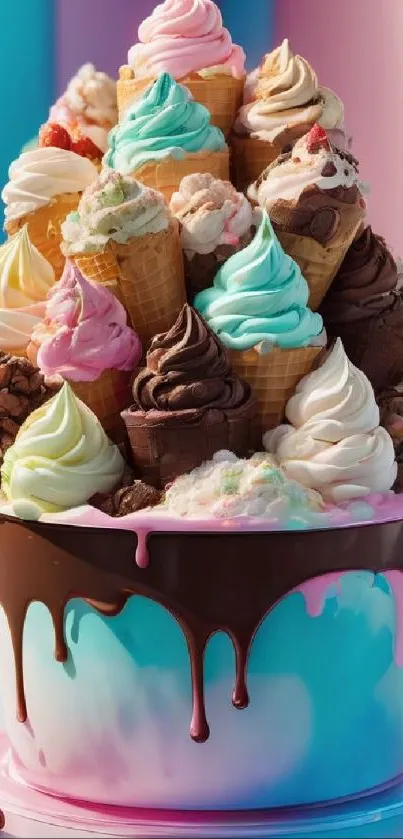 Overflowing ice cream cones in a colorful bucket.