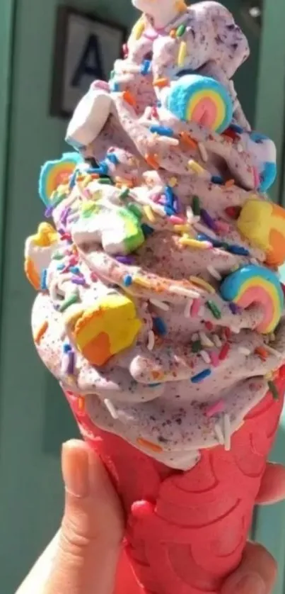 Colorful ice cream cone with rainbow sprinkles and marshmallows.