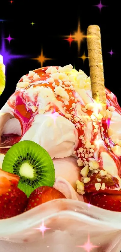 Vibrant ice cream wallpaper with fruits and decoration.