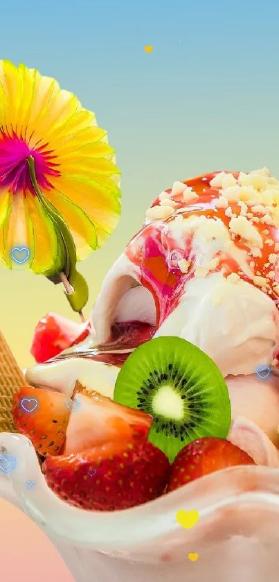 A colorful ice cream sundae with fruit and a thermometer.
