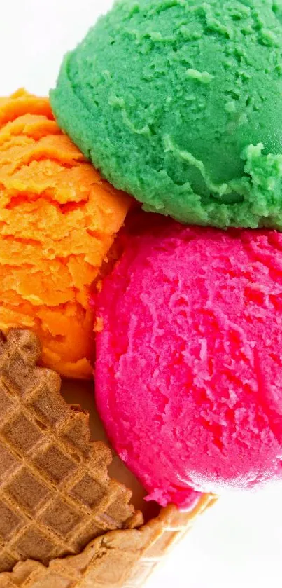 Colorful ice cream cone with bright green, orange, and pink scoops.