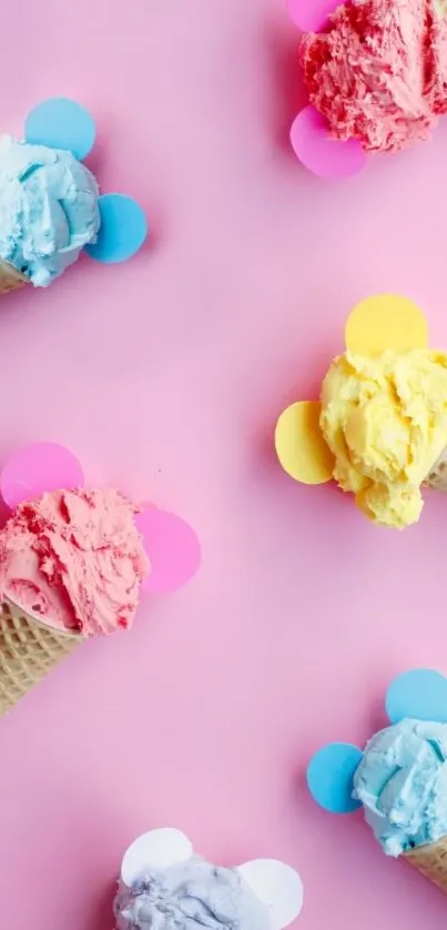 Pink background with colorful ice cream cones.