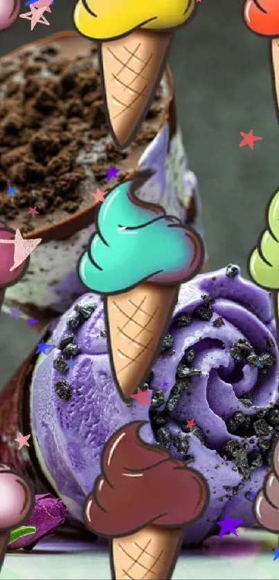 Vibrant wallpaper with colorful ice cream cones and realistic dessert accents.