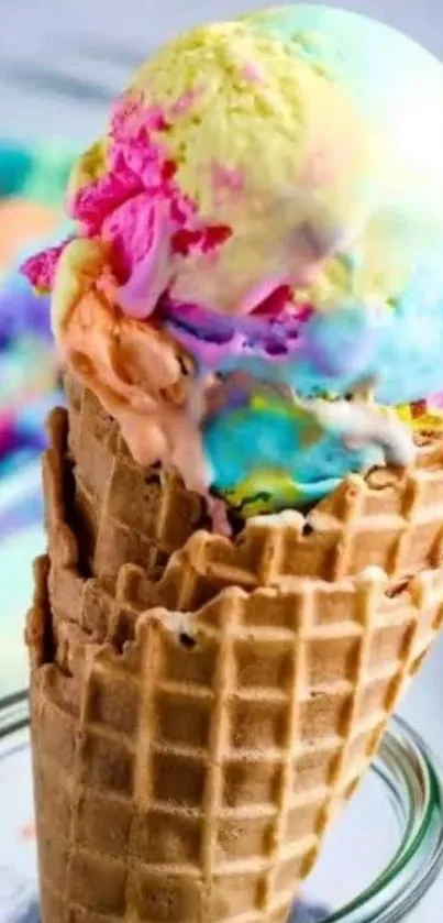 Vibrant ice cream cone with colorful scoops in waffle cone.