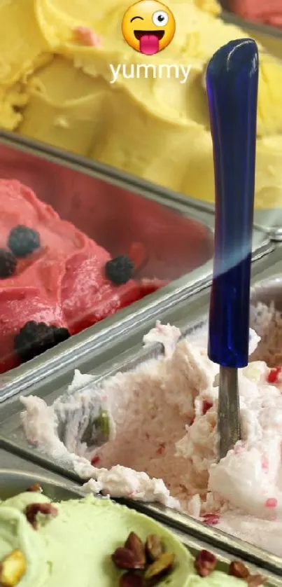 Colorful ice cream scoops with toppings in trays.