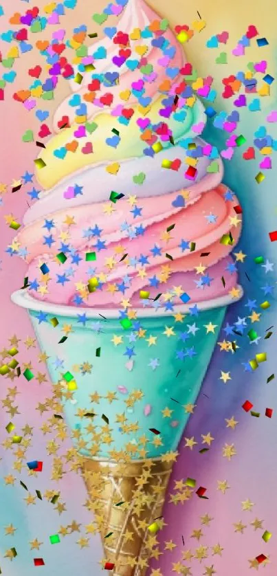 Colorful ice cream cone with hearts and stars on a pastel background.