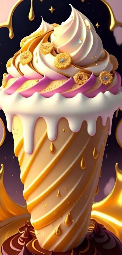 Fantasy ice cream cone with golden syrup drips on a mobile wallpaper.