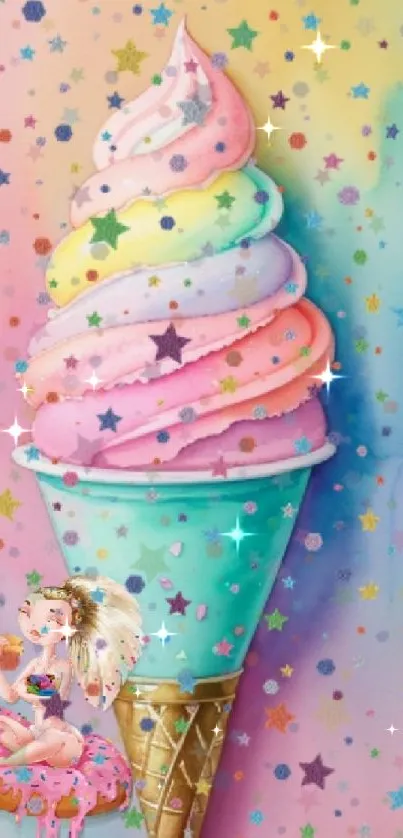 Colorful ice cream with fantasy elements and pastel shades on mobile wallpaper.