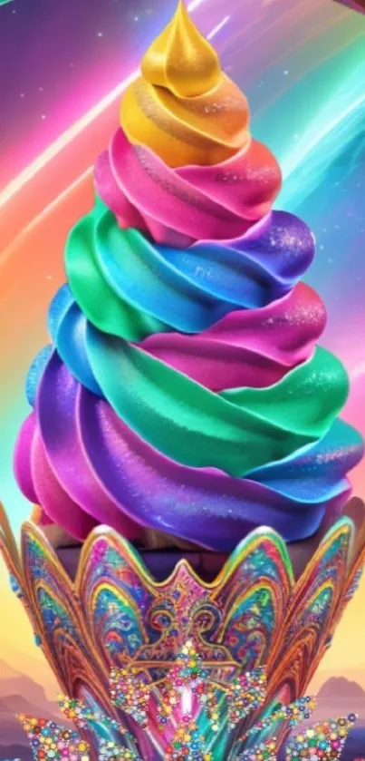 Colorful rainbow ice cream in a fantasy setting wallpaper.