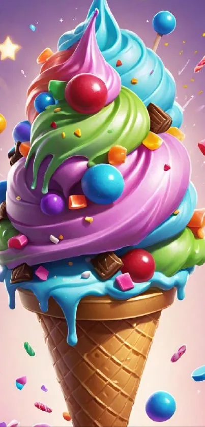 Vibrant ice cream cone with colorful scoops and candy.