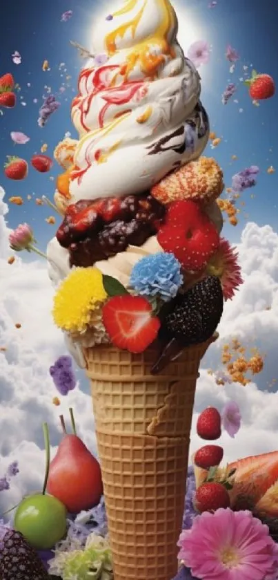Colorful ice cream cone with fruits and flowers against a vibrant sky.