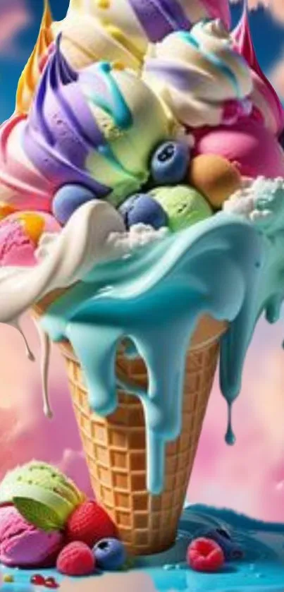 Whimsical colorful ice cream cone with vibrant melting scoops against a pastel sky.