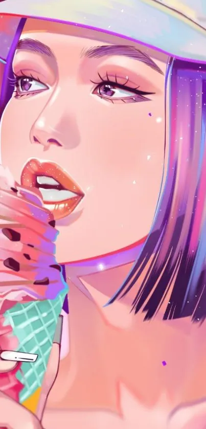 Illustrated girl eating ice cream, vibrant colors.