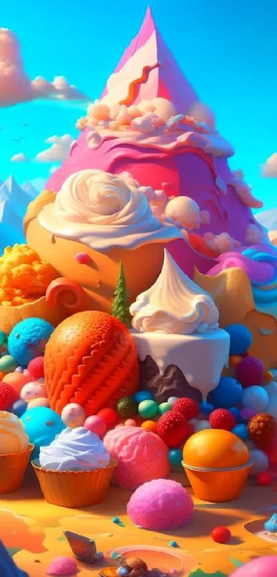Colorful ice cream mountain with vibrant scoops and clouds.