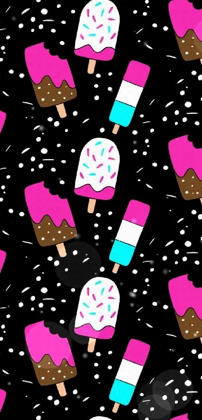 Vibrant ice cream popsicle pattern on black background.